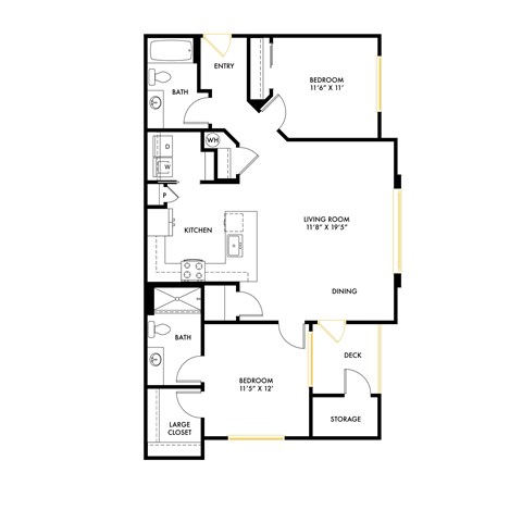 Floor plan for 2 beds, 2 baths, 1047 sqft
